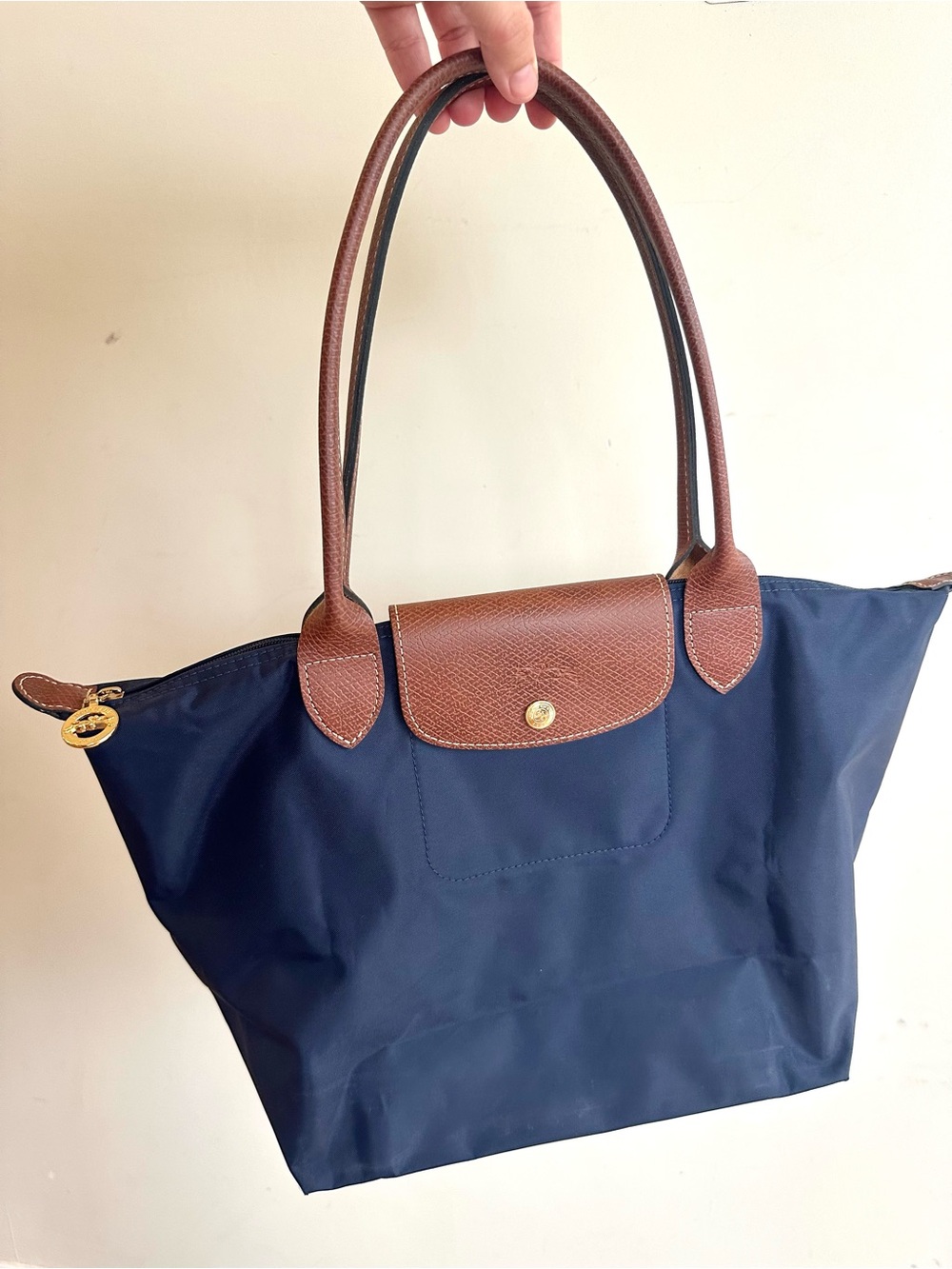 Longchamp Medium Le Pliage Navy Nylon Leather Tote Bag